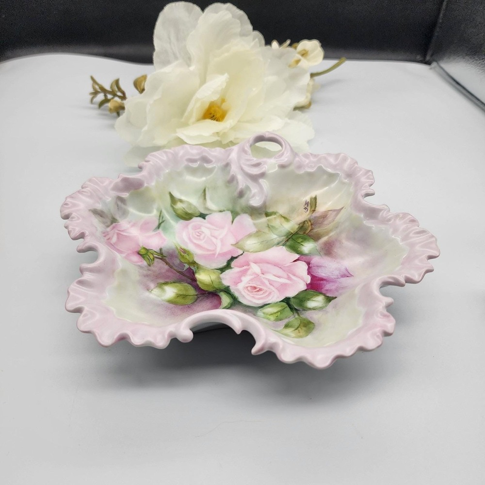 Beautiful Porcelain Hand Painted Victorian Roses Flowers Nappy Dish Pink Signed - Picture 11 of 11